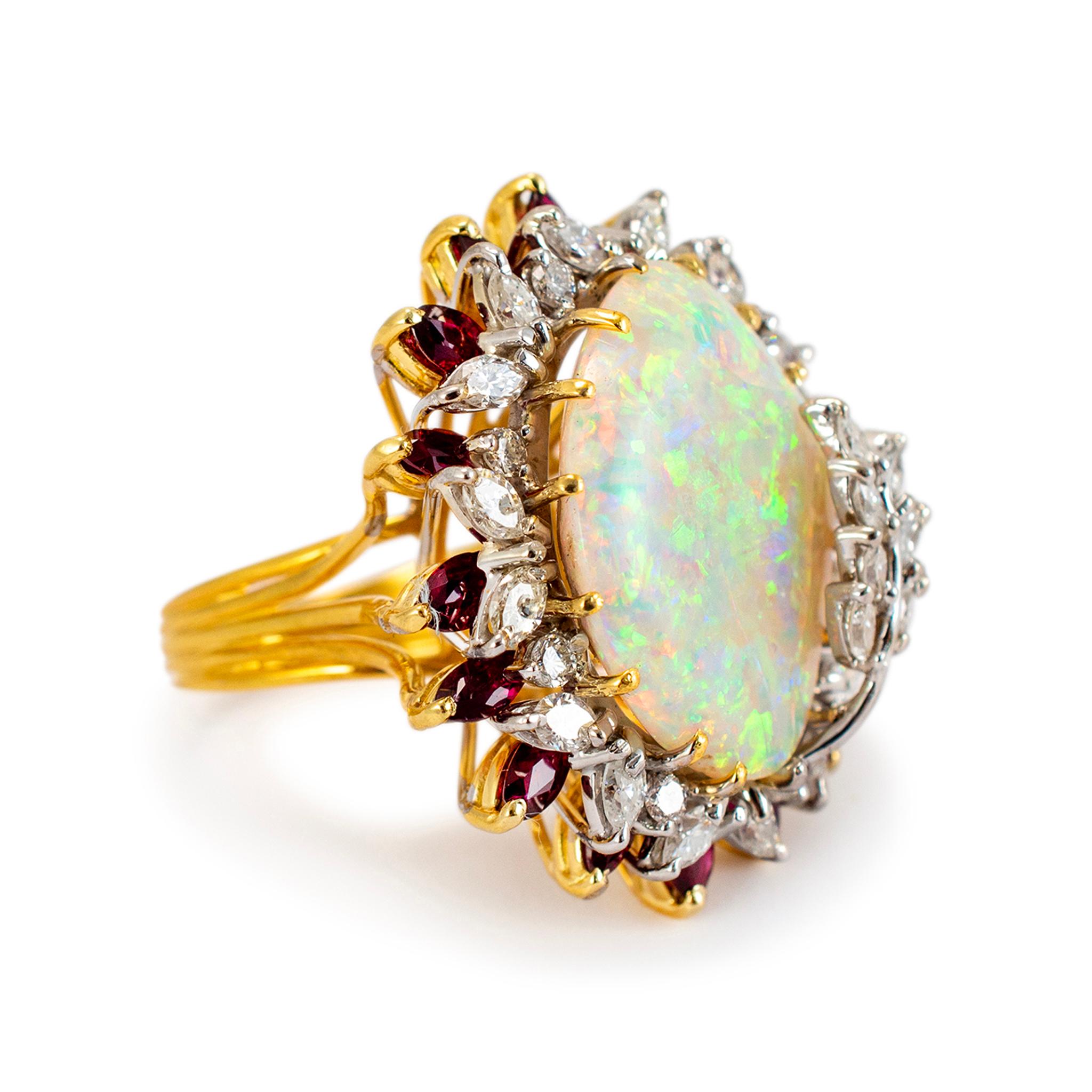 Vintage 18K Yellow & White Gold Australian Opal Halo Ruby Diamond Cocktail Ring In Excellent Condition For Sale In Houston, TX