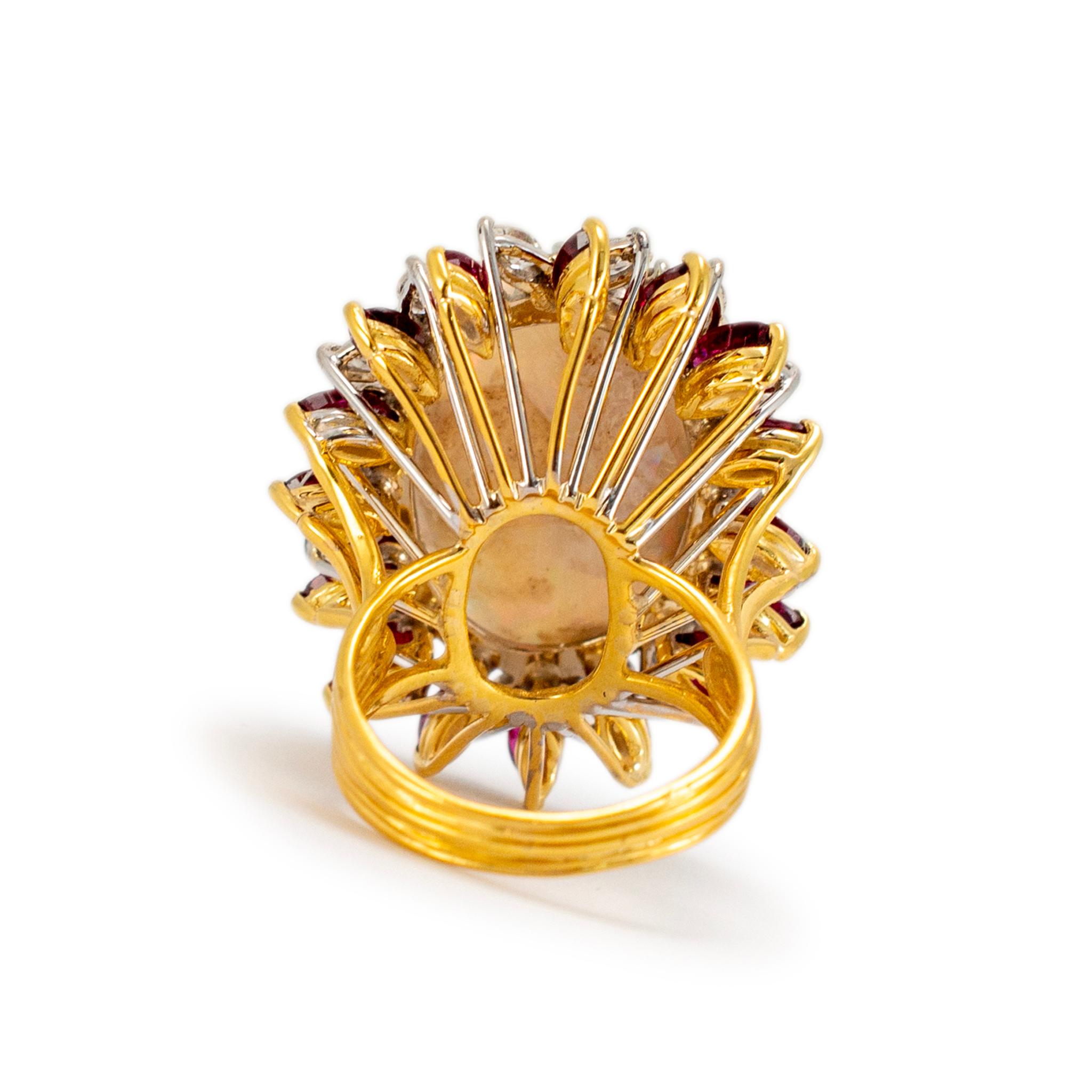 Women's Vintage 18K Yellow & White Gold Australian Opal Halo Ruby Diamond Cocktail Ring For Sale