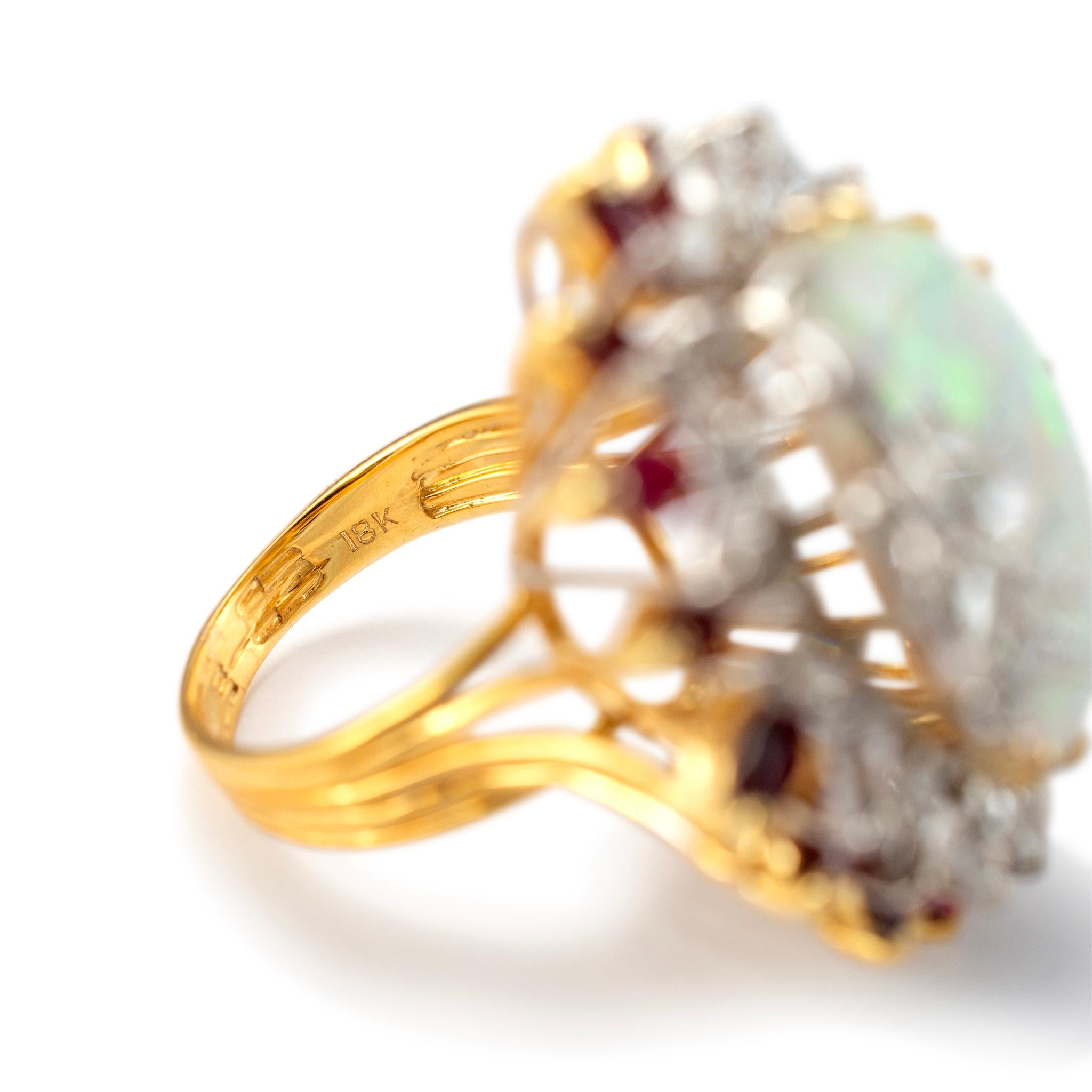 Vintage 18K Yellow & White Gold Australian Opal Halo Ruby Diamond Cocktail Ring For Sale 1