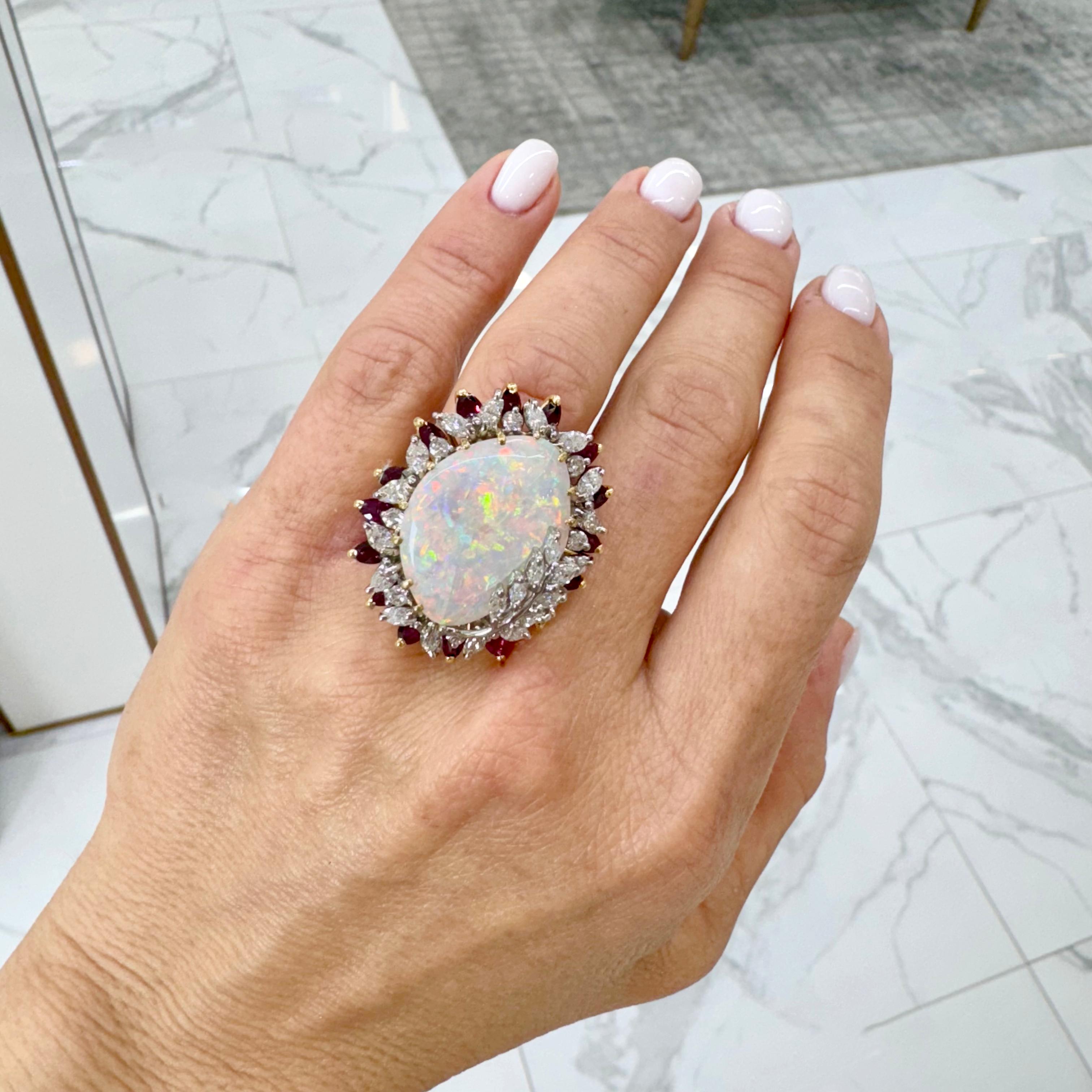 Vintage 18K Yellow & White Gold Australian Opal Halo Ruby Diamond Cocktail Ring For Sale 2