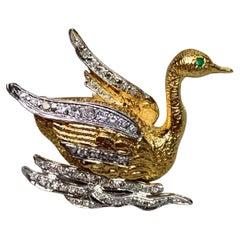Vintage 18K Gelb & Weißgold Diamant Smaragd strukturierte Schwan Brosche
