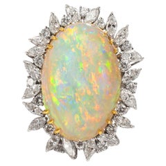 Vintage 18K Yellow & White Gold Opal Halo Round & Marquee Diamond Cocktail Ring