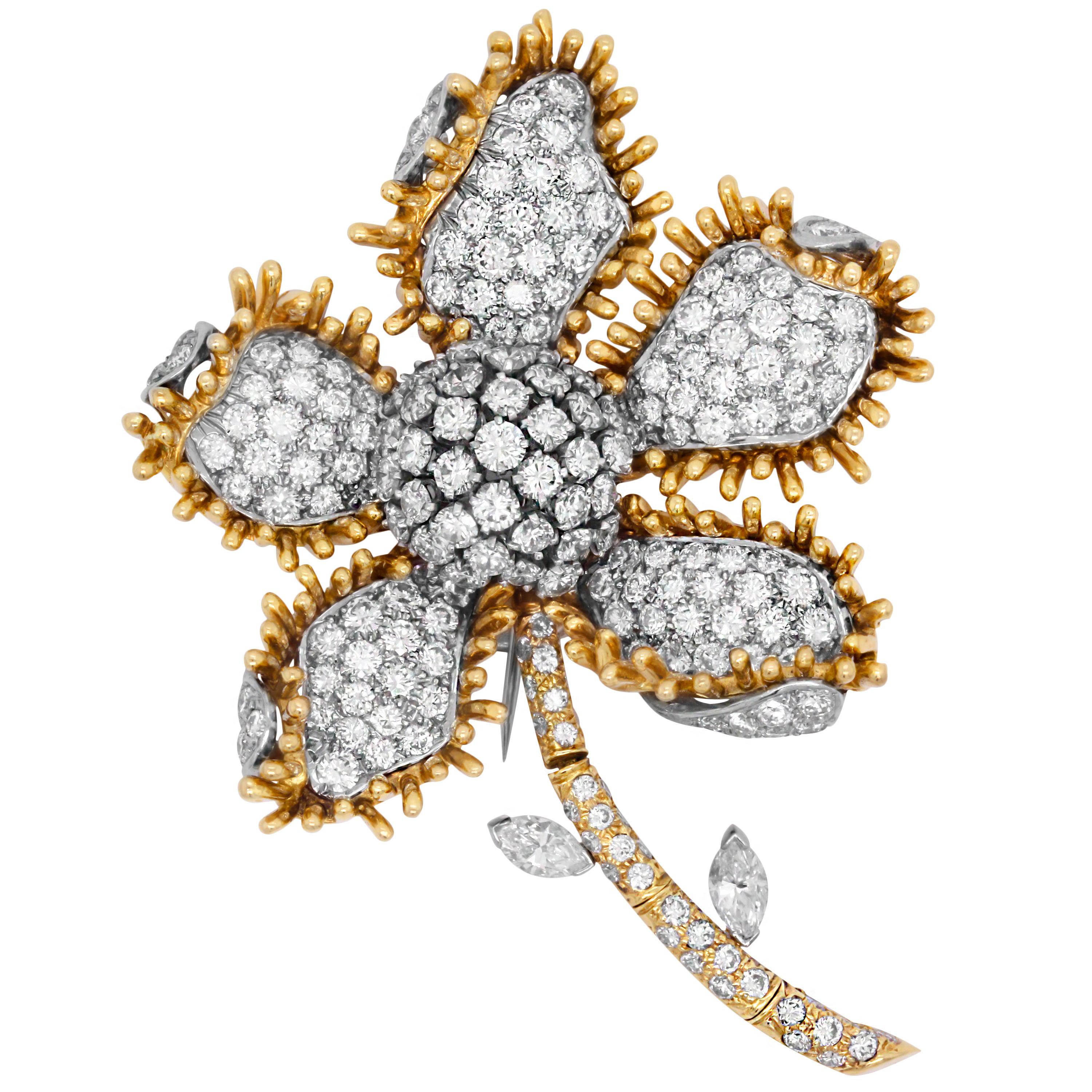 18 Karat Yellow White Gold Round and Marquise Cut Diamond Flower Brooch Pin