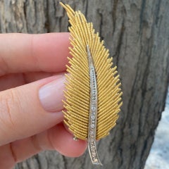Vintage 18k Yellow & White Gold Single Cut Diamond Textured Feather Pin Brooch
