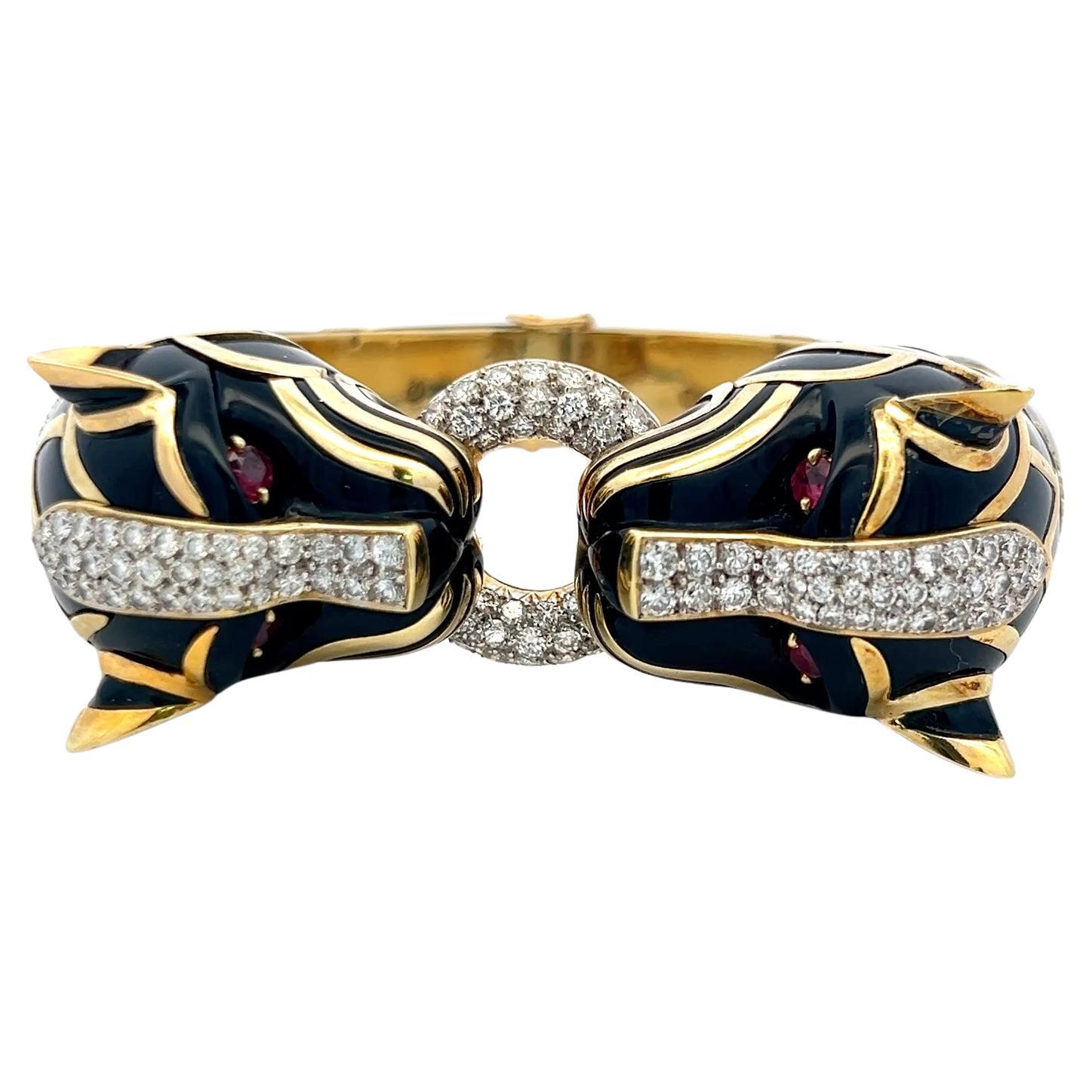 Vintage 18K YG Panther Bangle Bracelet 0.4 Carat Ruby and 6.15 Carat Diamonds For Sale