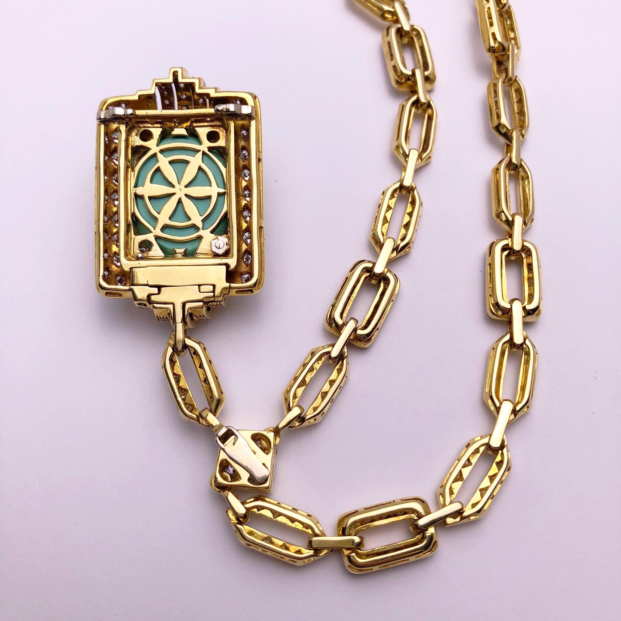 Art Deco Vintage 18Kt Gold, 9.42ct. Diamond Necklace with a 21.02ct Persian Turquoise