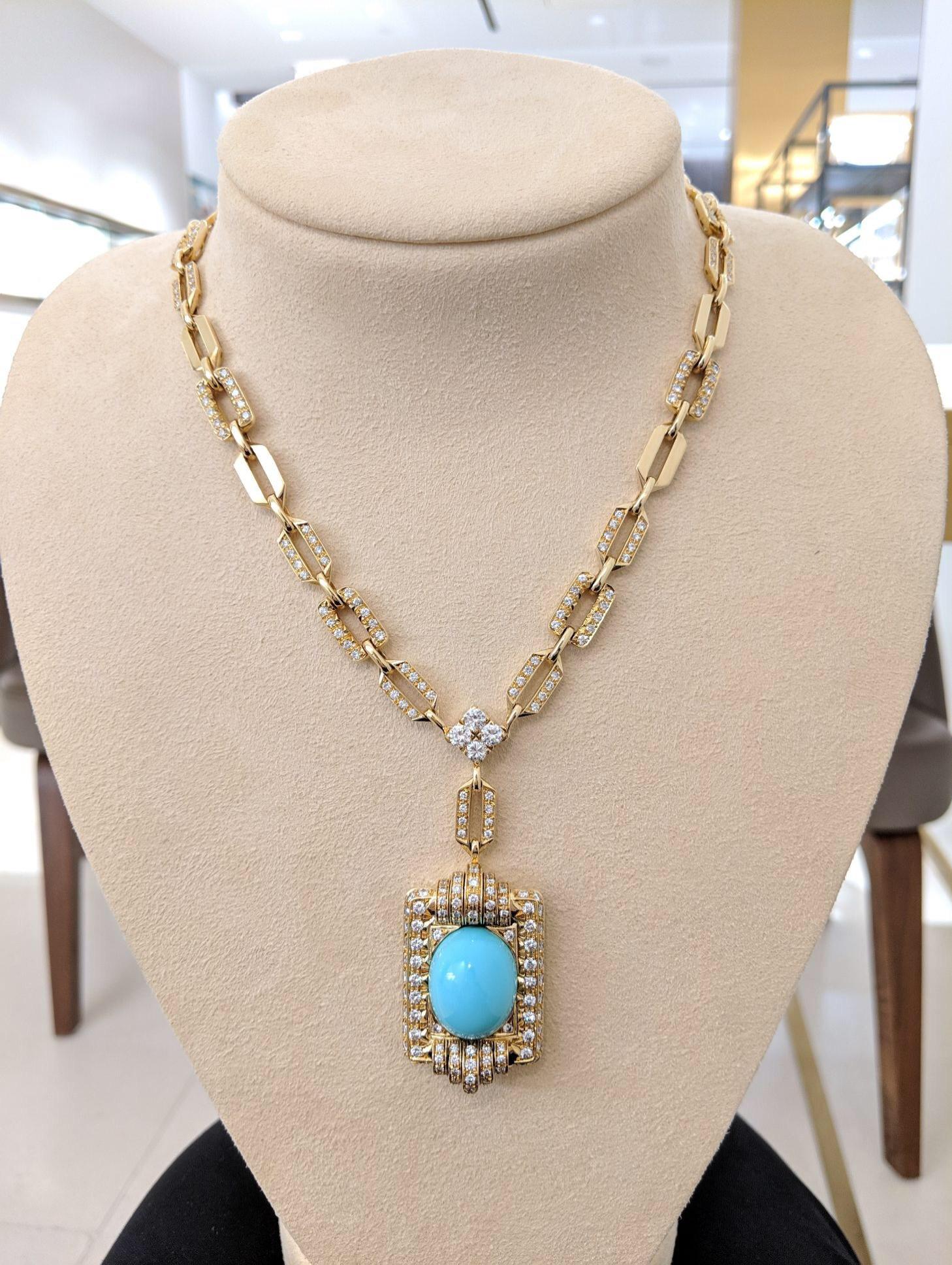 Vintage 18Kt Gold, 9.42ct. Diamond Necklace with a 21.02ct Persian Turquoise In New Condition In New York, NY