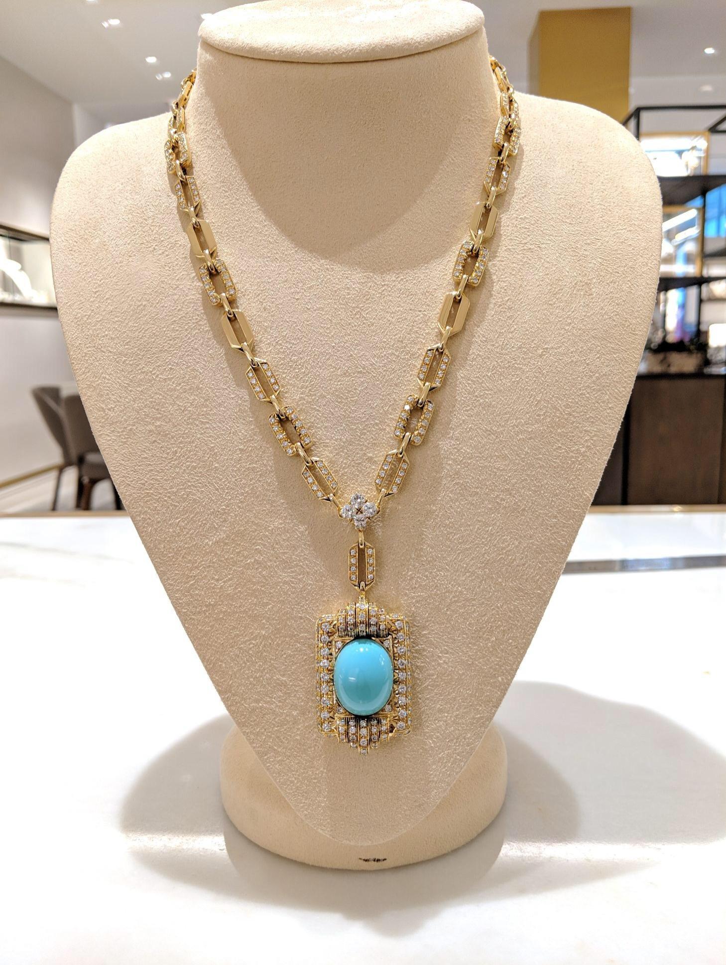 Women's or Men's Vintage 18Kt Gold, 9.42ct. Diamond Necklace with a 21.02ct Persian Turquoise