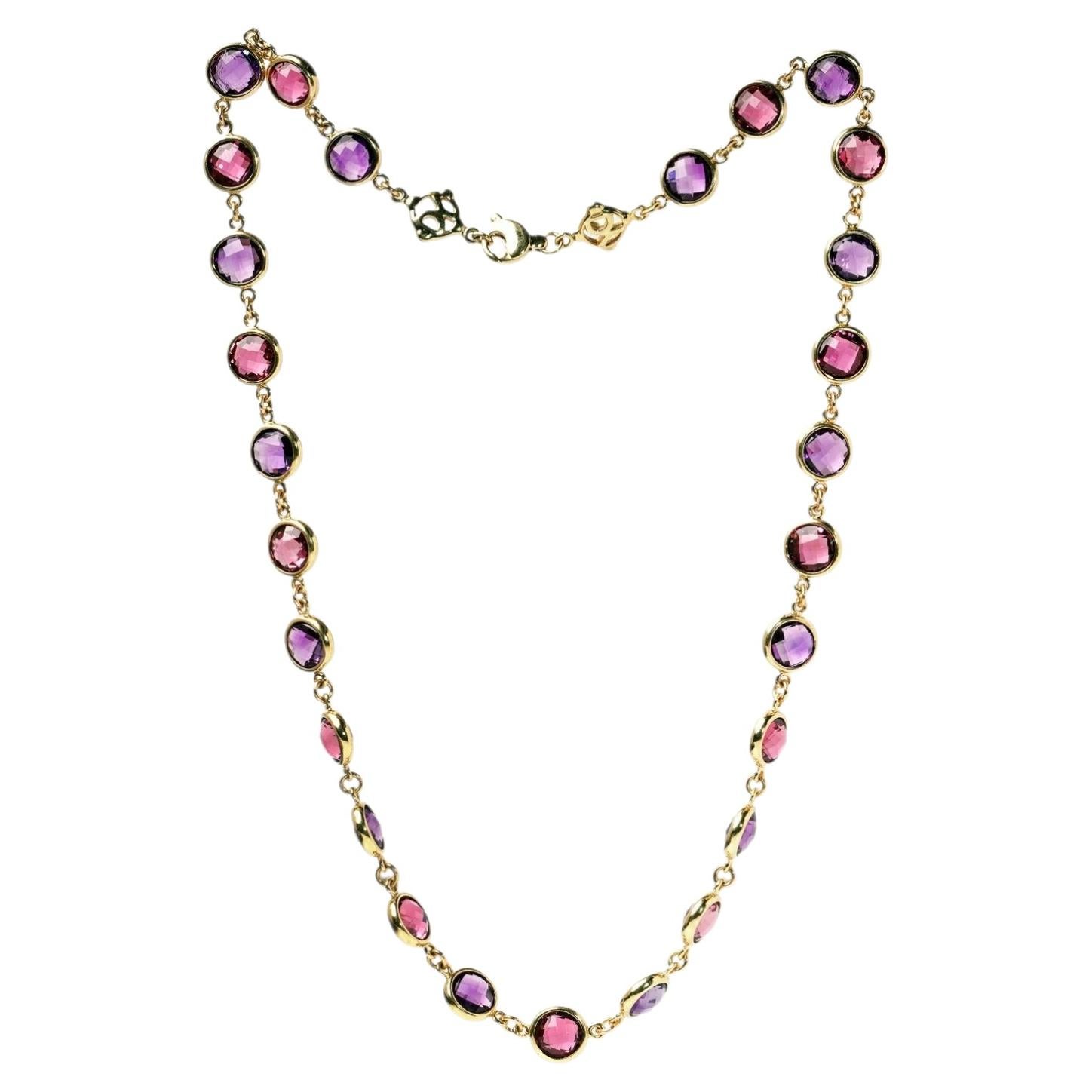 Collana vintage in oro 18 carati con ametista e tormalina rosa