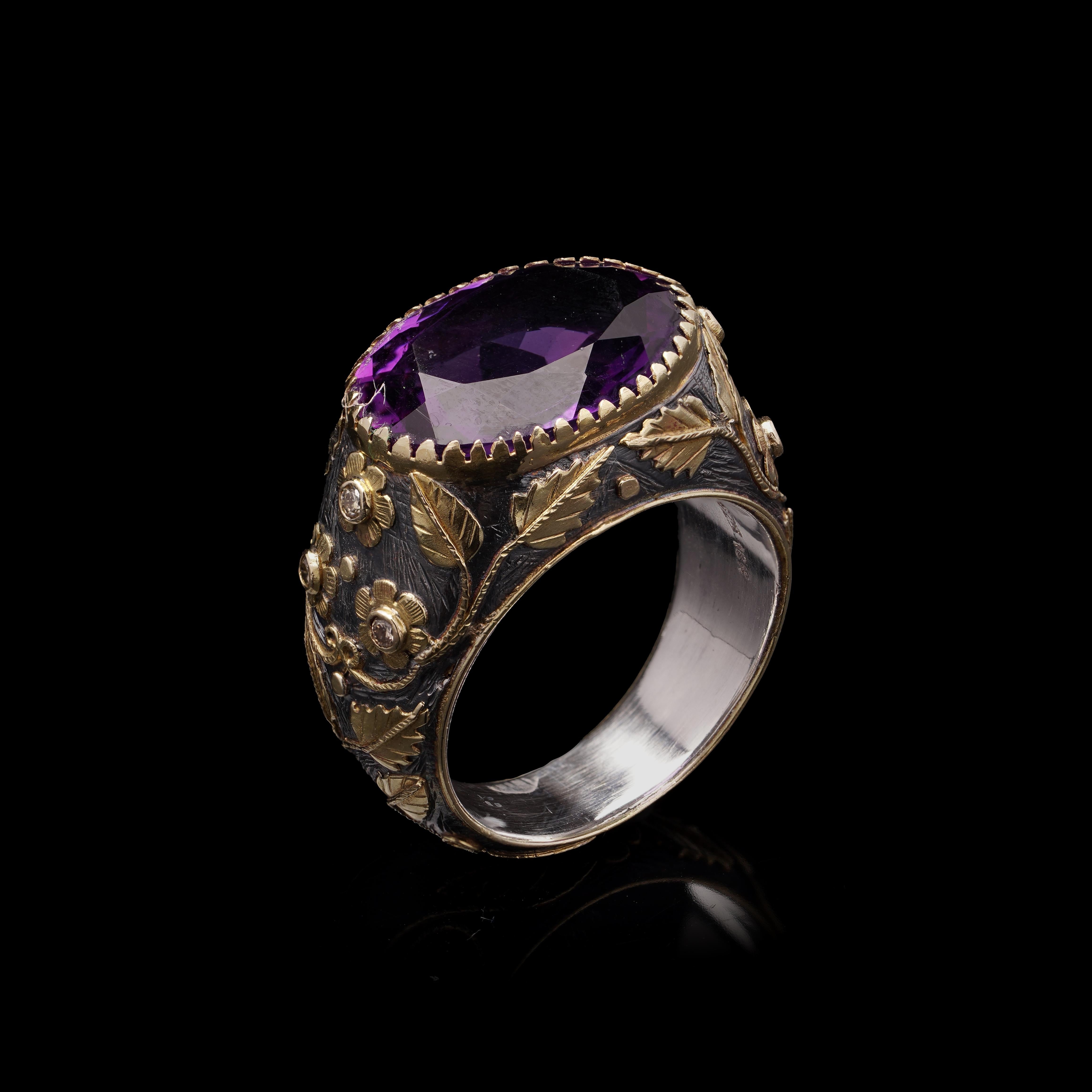 Oval Cut Vintage 18kt Gold and Silver Floral Dome Ring with Natural Amethyst For Sale