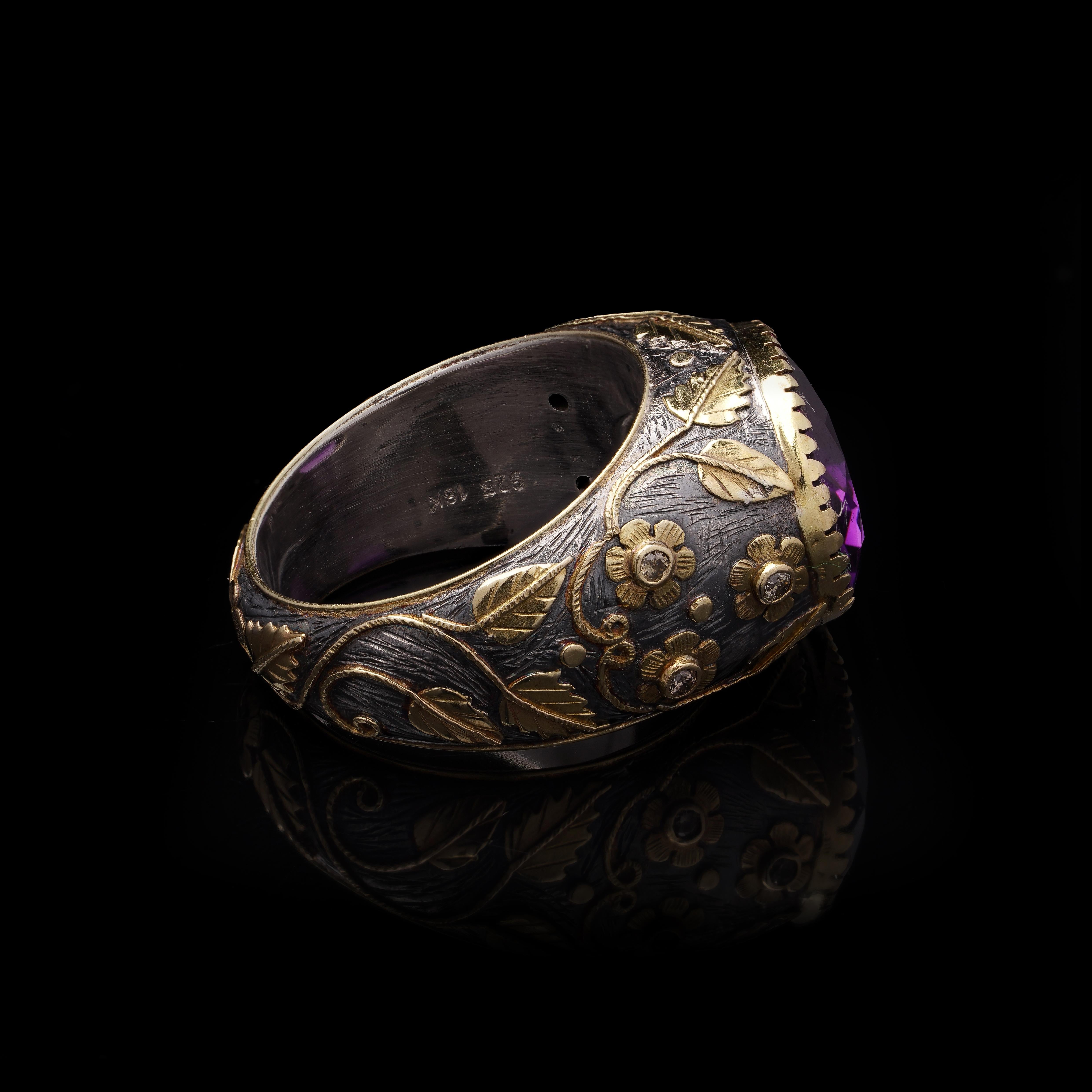 Women's Vintage 18kt Gold and Silver Floral Dome Ring with Natural Amethyst For Sale