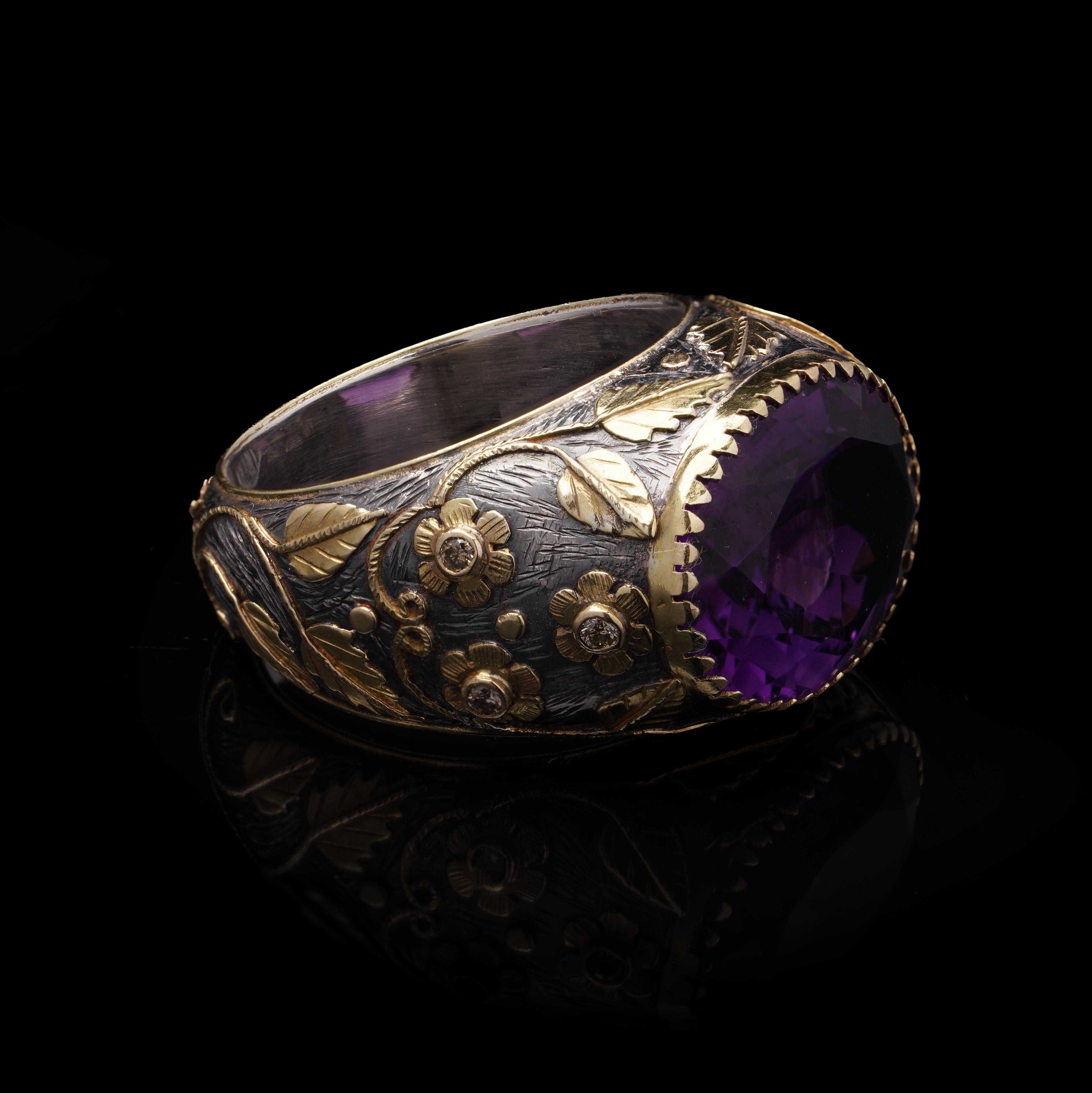 Vintage 18kt Gold and Silver Floral Dome Ring with Natural Amethyst For Sale 1