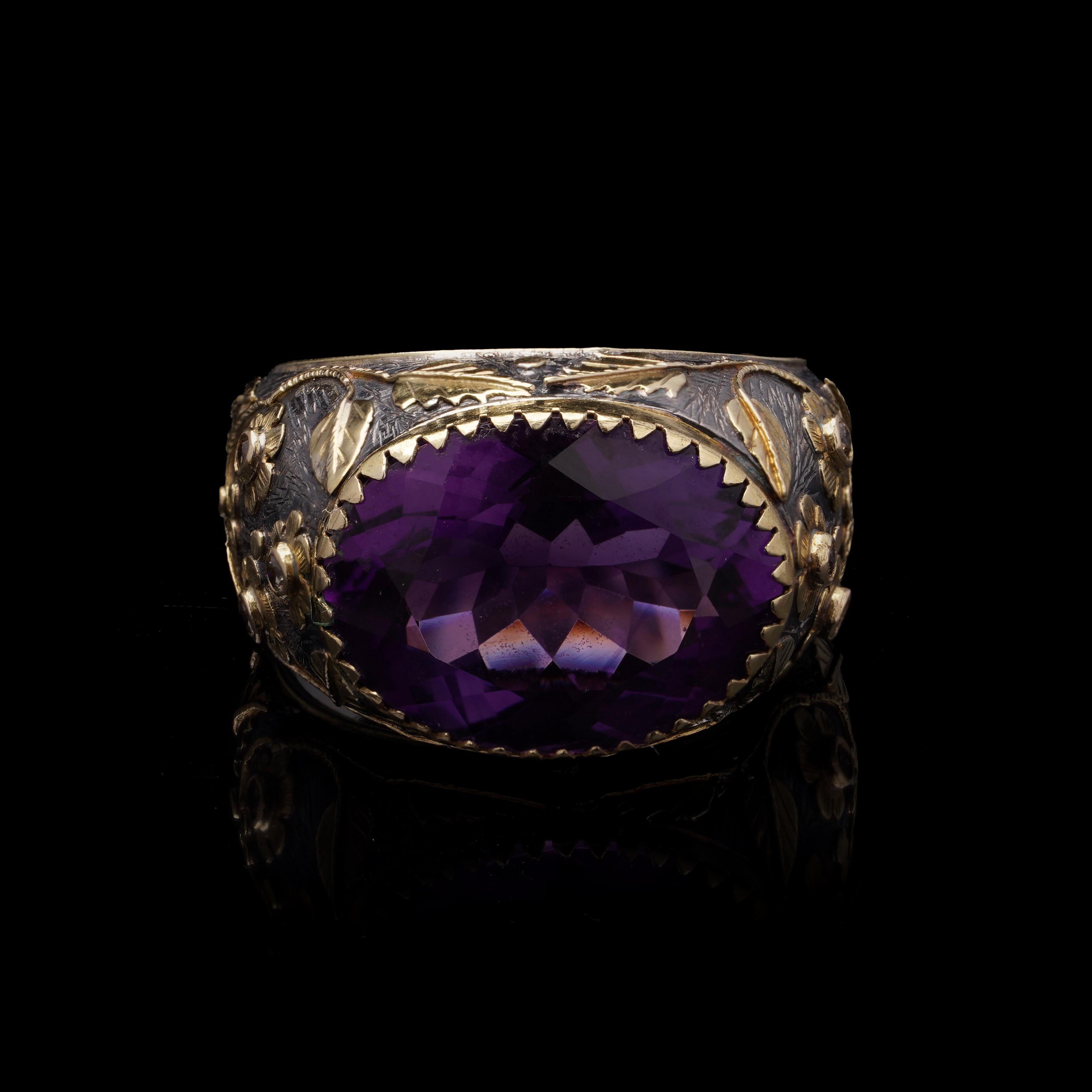 Vintage 18kt Gold and Silver Floral Dome Ring with Natural Amethyst For Sale 2