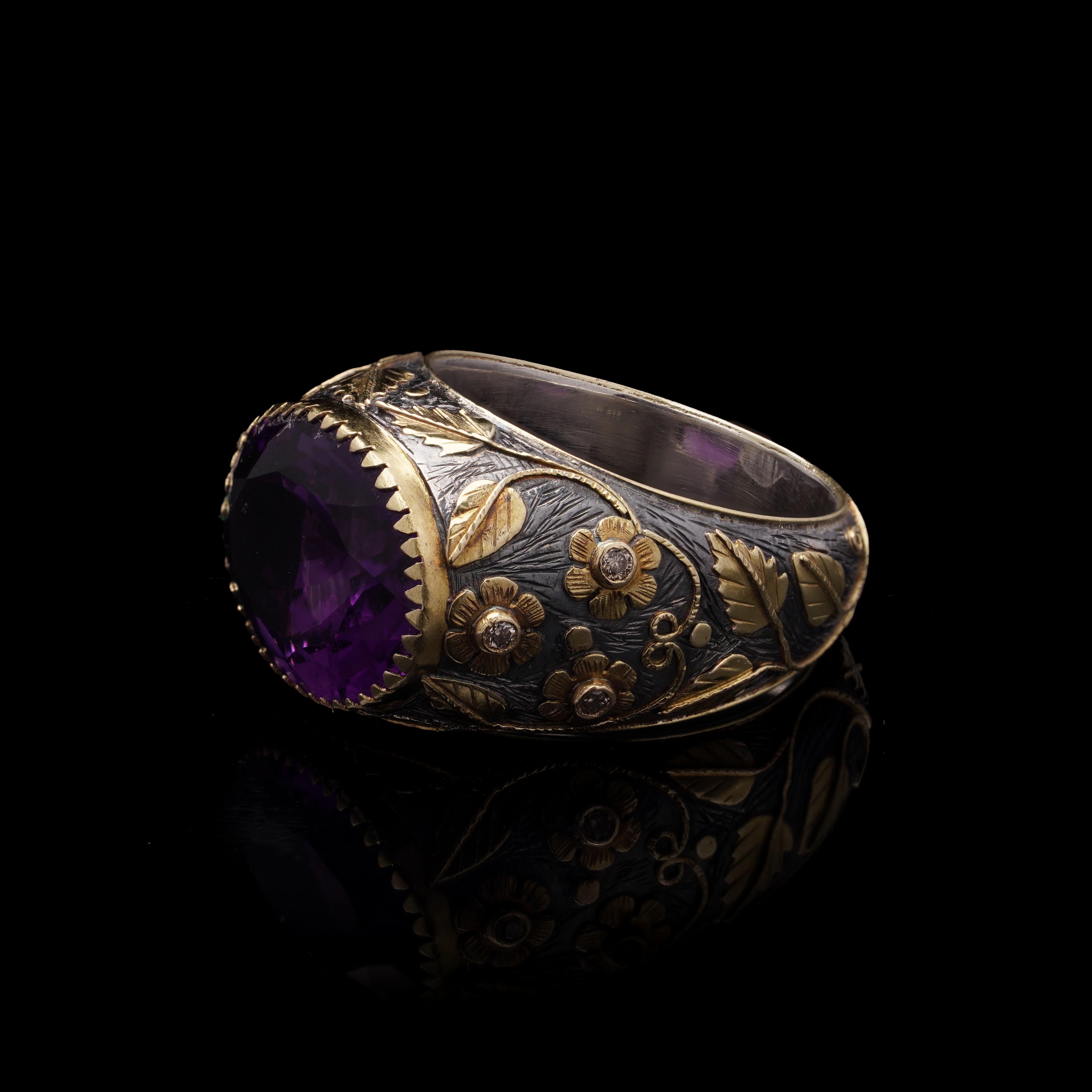 Vintage 18kt Gold and Silver Floral Dome Ring with Natural Amethyst For Sale 3