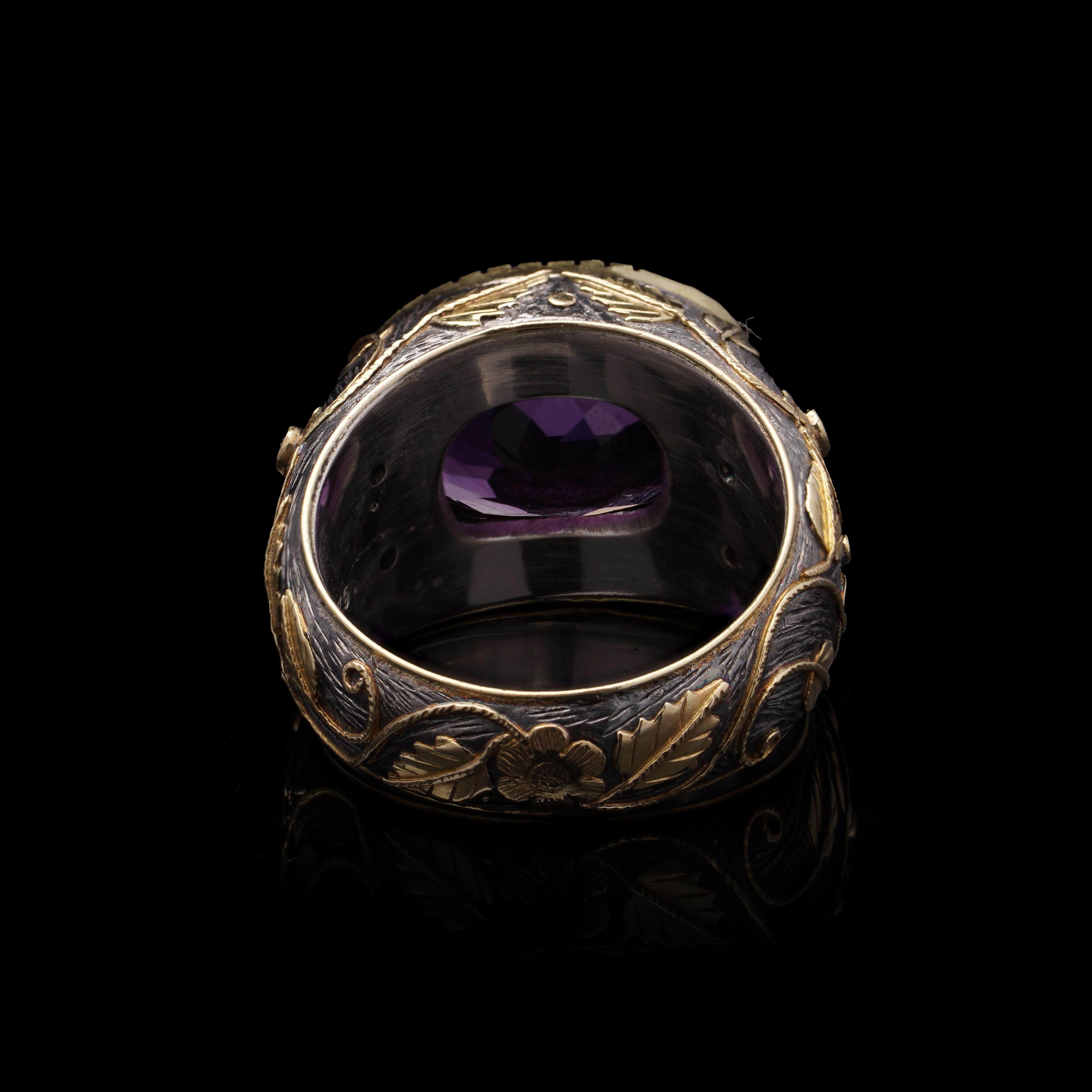 Vintage 18kt Gold and Silver Floral Dome Ring with Natural Amethyst For Sale 4