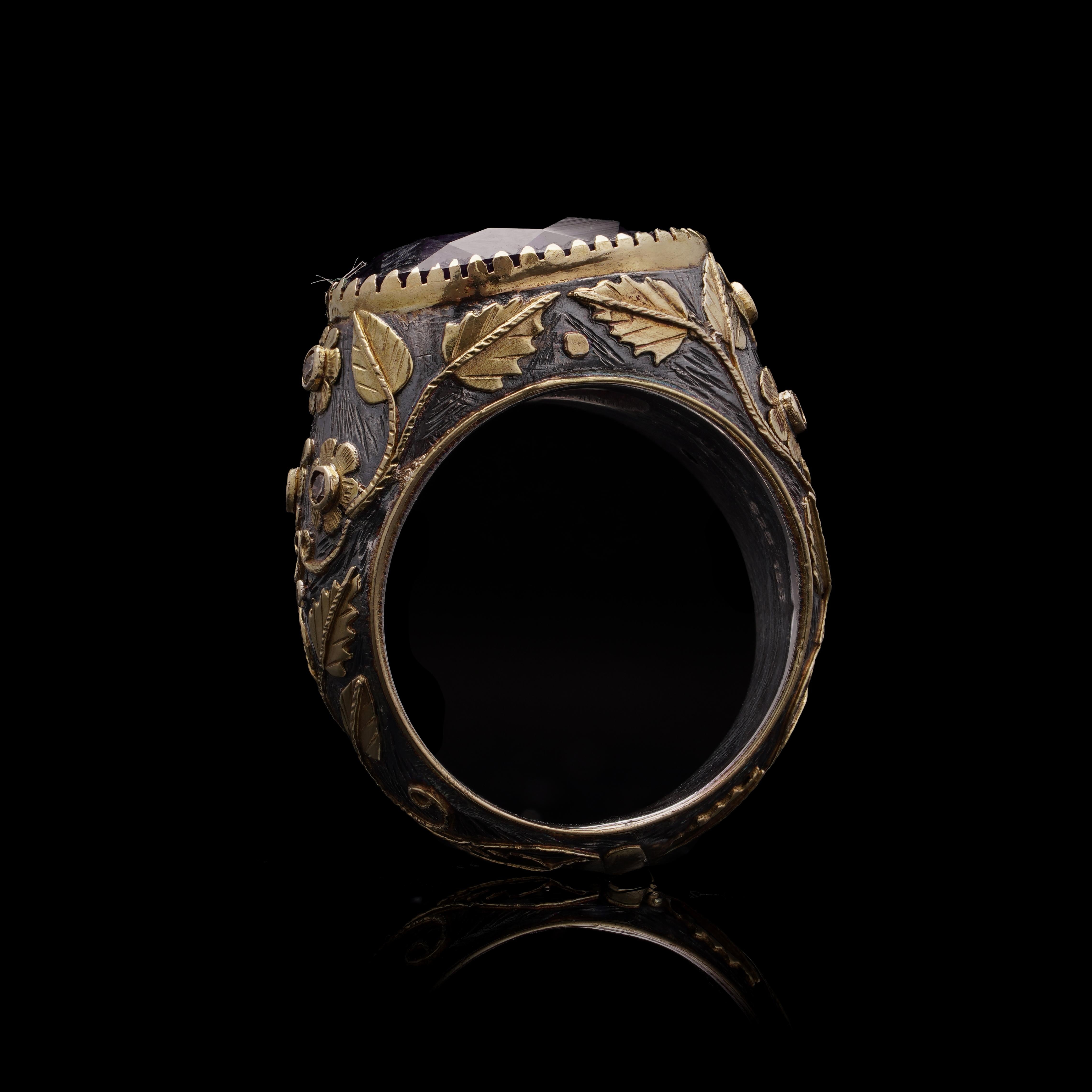 Vintage 18kt Gold and Silver Floral Dome Ring with Natural Amethyst For Sale 5