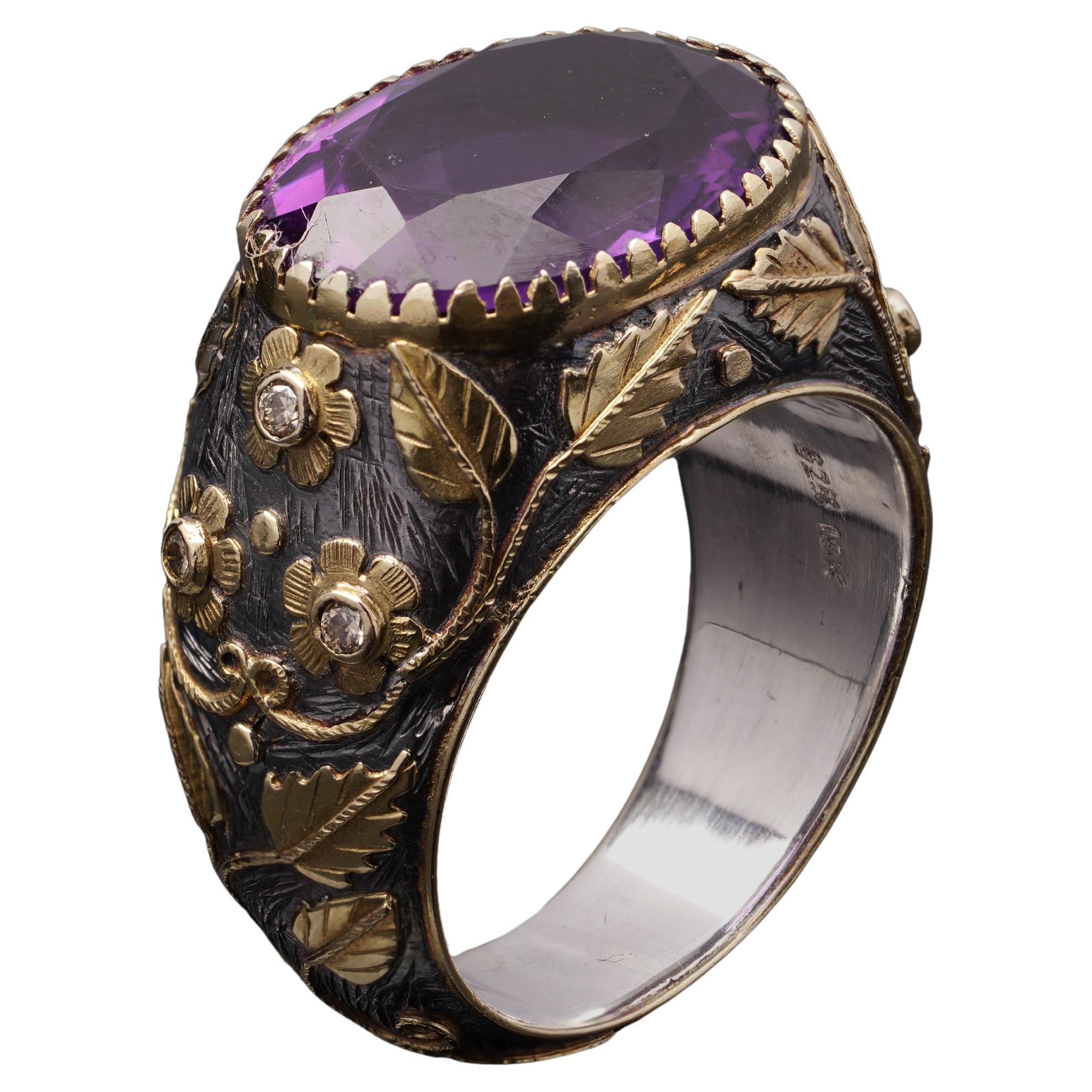 Vintage 18kt Gold und Silber Floral Dome Ring mit natürlichem Amethyst, ca. 1950-197