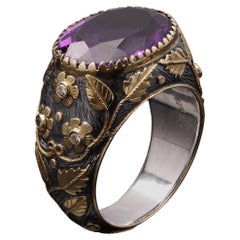 Vintage 18kt Gold and Silver Floral Dome Ring with Natural Amethyst, c. 1950-197