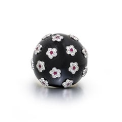 Vintage 18KT Gold Black Enamel Ruby & Diamond Dome Ring, Circa 1950–1970