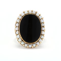 Vintage 18 Karat Gold, Black Onyx and Pearl Ring