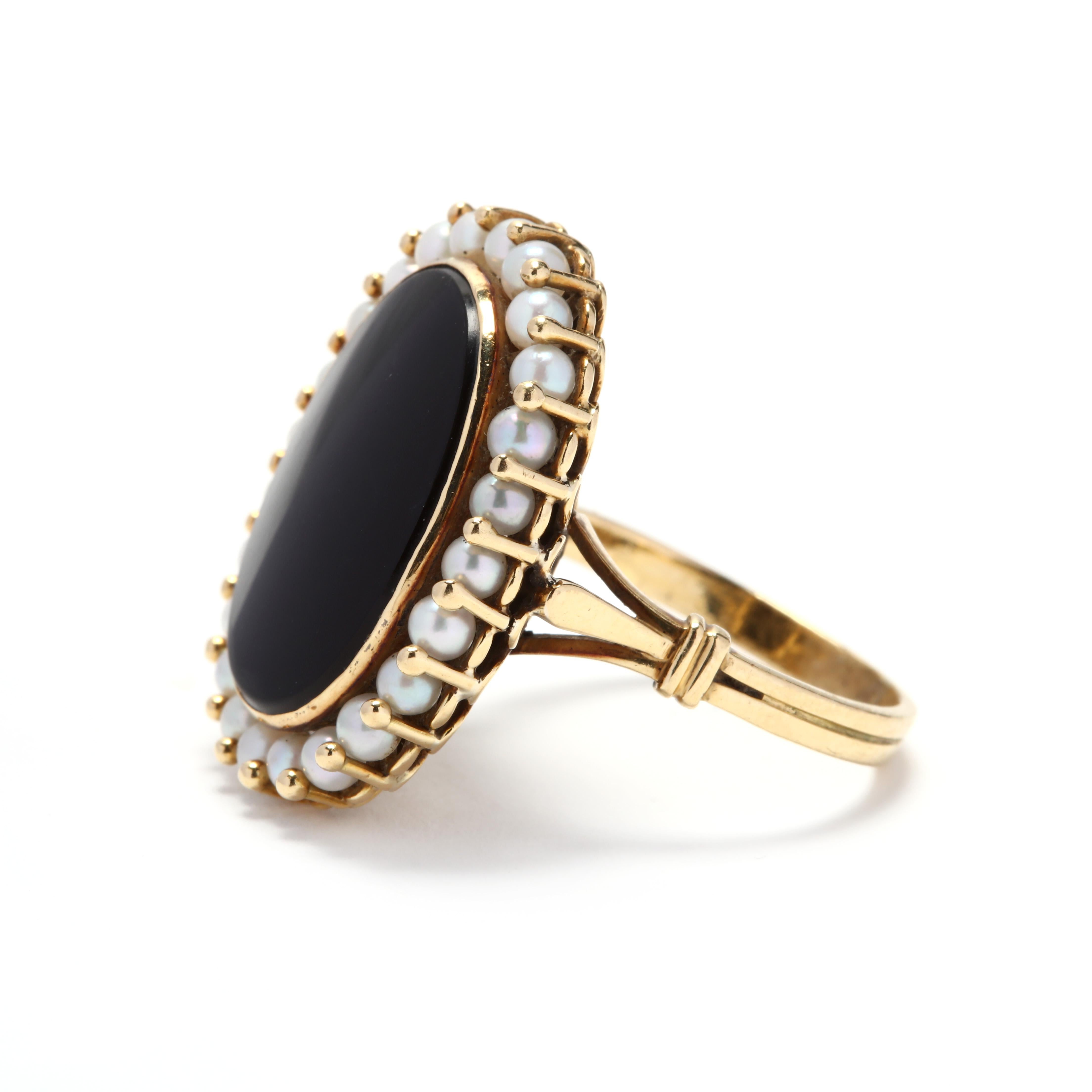Oval Cut Vintage 18 Karat Gold, Black Onyx and Pearl Ring