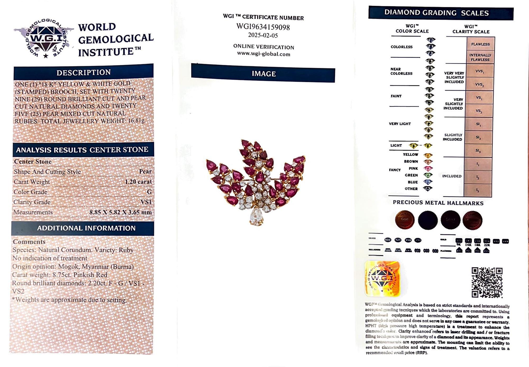 Pear Cut WGI - certified 18kt Gold Brooch with Natural Unheated Burma Rubies and Diamonds