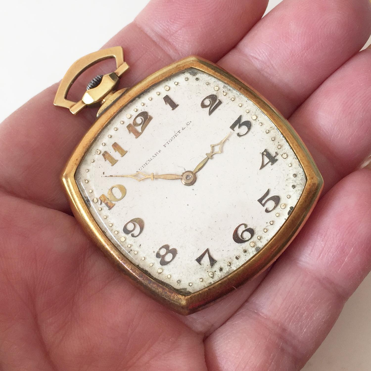 Vintage 18kt gold cushion shape square open face AUDEMARS PIGUET & Co. pocket watch. Weight 48.72 grams. Hallmarked 18k. Case measured 40 mm x 40 mm x 7.2 mm. Back side of watch has etched 3 letters - GNP. Crystal in very good condition, no deep
