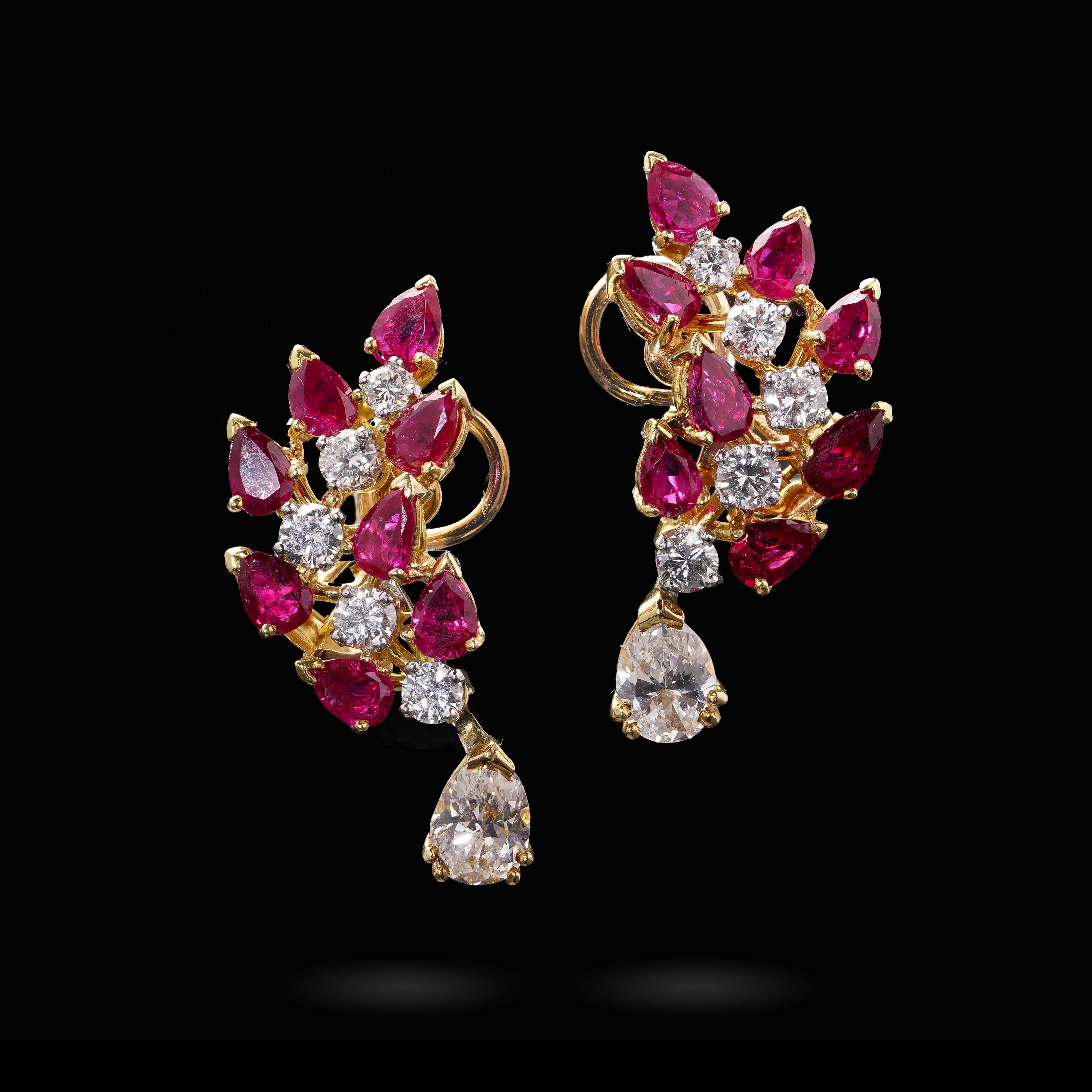 Pear Cut Vintage 18kt Gold Earrings with No-Heat Burma Rubies & Diamonds For Sale