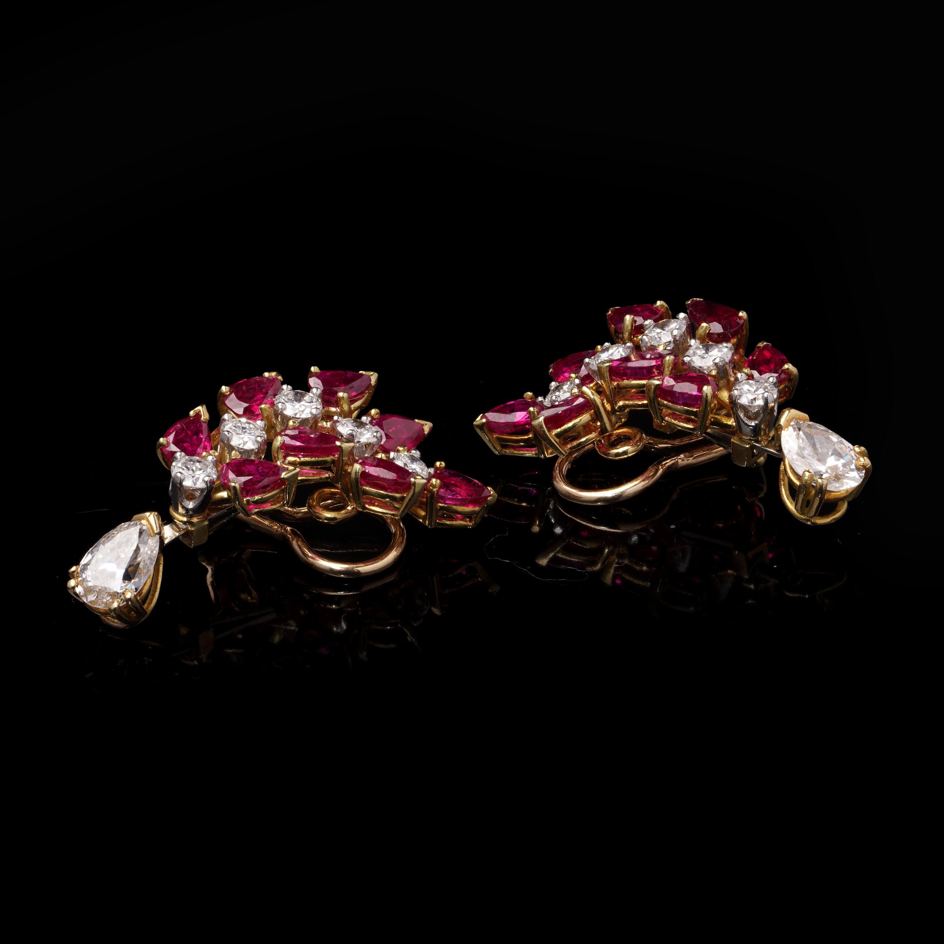 Women's Vintage 18kt Gold Earrings with No-Heat Burma Rubies & Diamonds For Sale