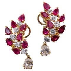 Pendientes vintage de oro de 18 quilates con rubíes naturales de Birmania sin calentar y diamantes