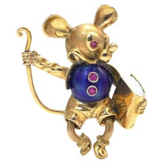 Vintage 18KT Gold Lapis Lazuli Mouse Brooch