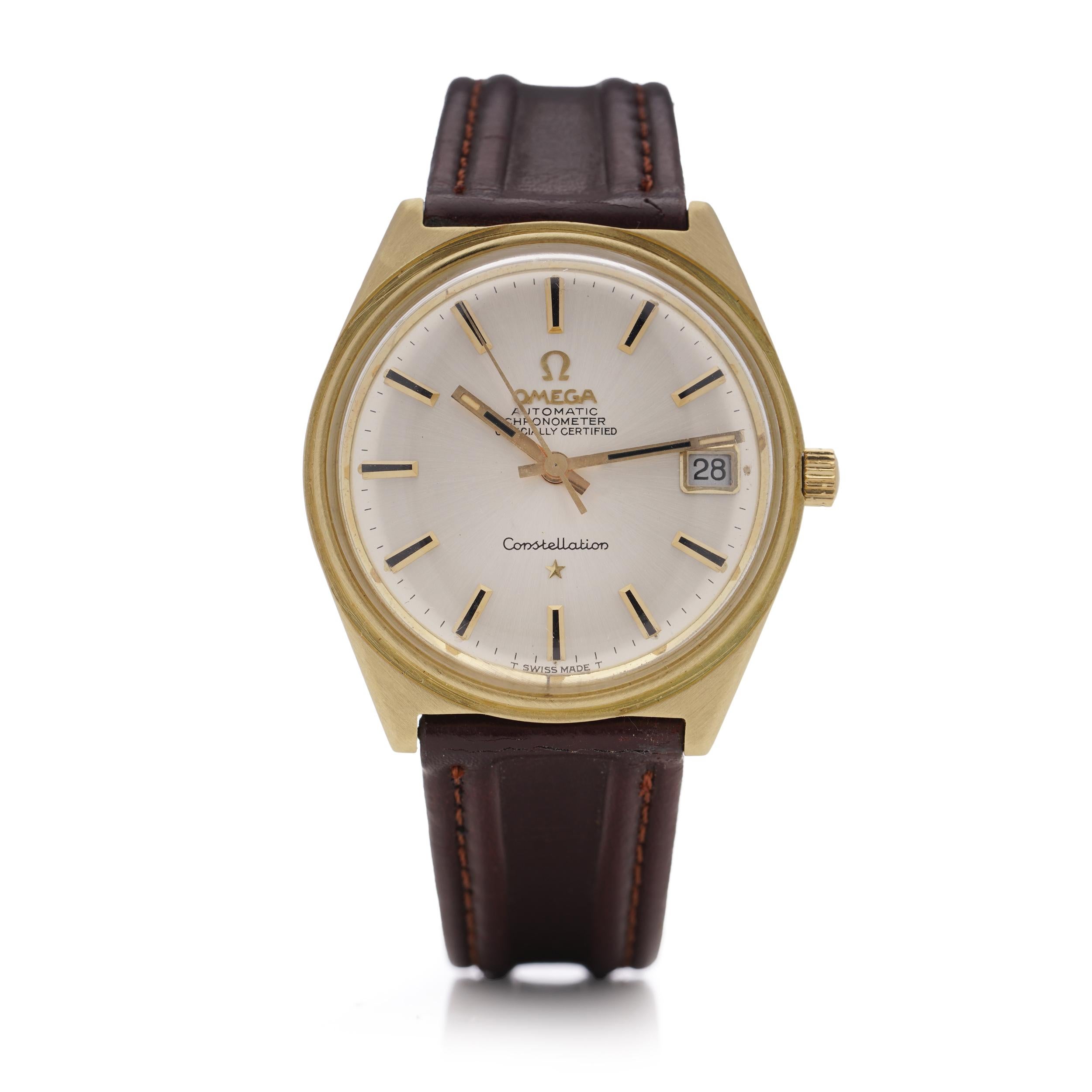 Vintage 18kt. gold men's Omega Constellation automatic wristwatch, Ref. 168015

Brand: Omega
Collection: Constellation
Model: Constellation
Reference: Omega - 168015
Category: Wrist Watch
Period: 1970's
Movement: Automatic
Caliber: 564
Case