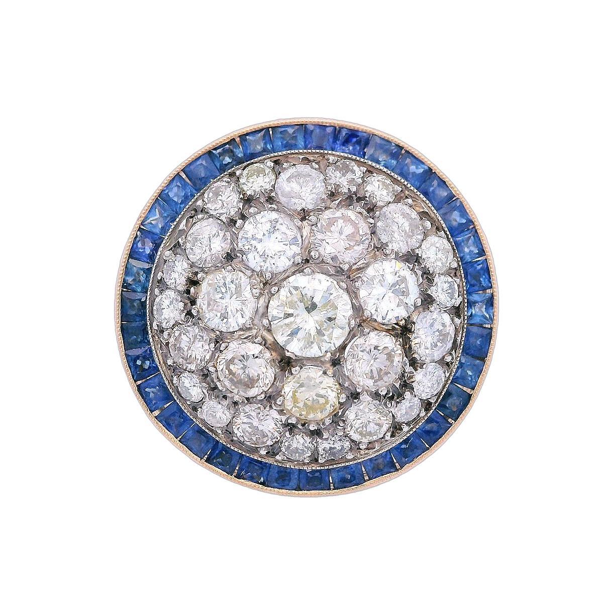 Old Mine Cut Vintage 18kt Gold Ring with Diamonds and Blue Sapphires For Sale