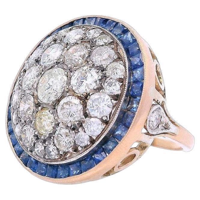 Anello vintage in oro 18kt con diamanti e zaffiri blu