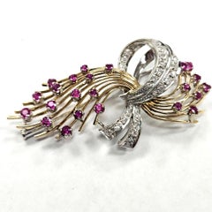 Vintage 18kt Gold Ruby Diamond Spray Brooch, Mid Century Ribbon Floral Design