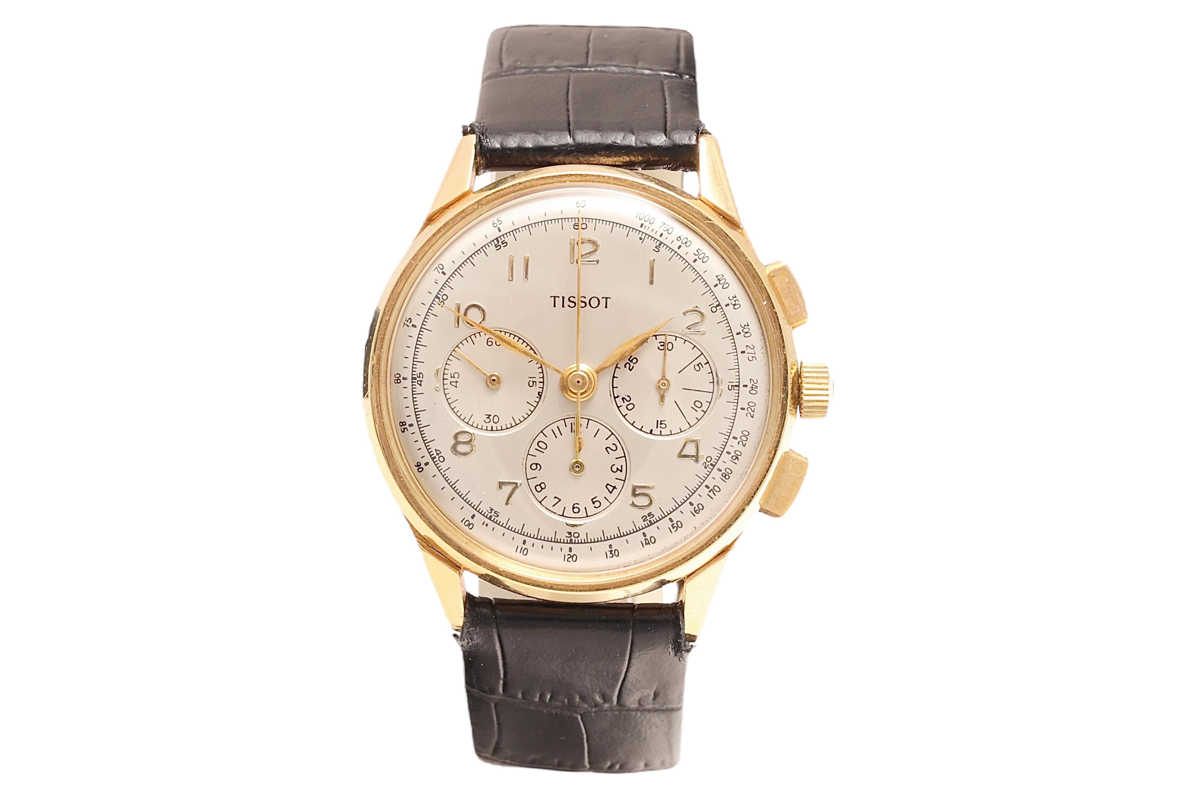 Artisan Vintage 18kt Gold Tissot Manual Winding Chronograph Watch, Cal. Lemania 27.41 H For Sale