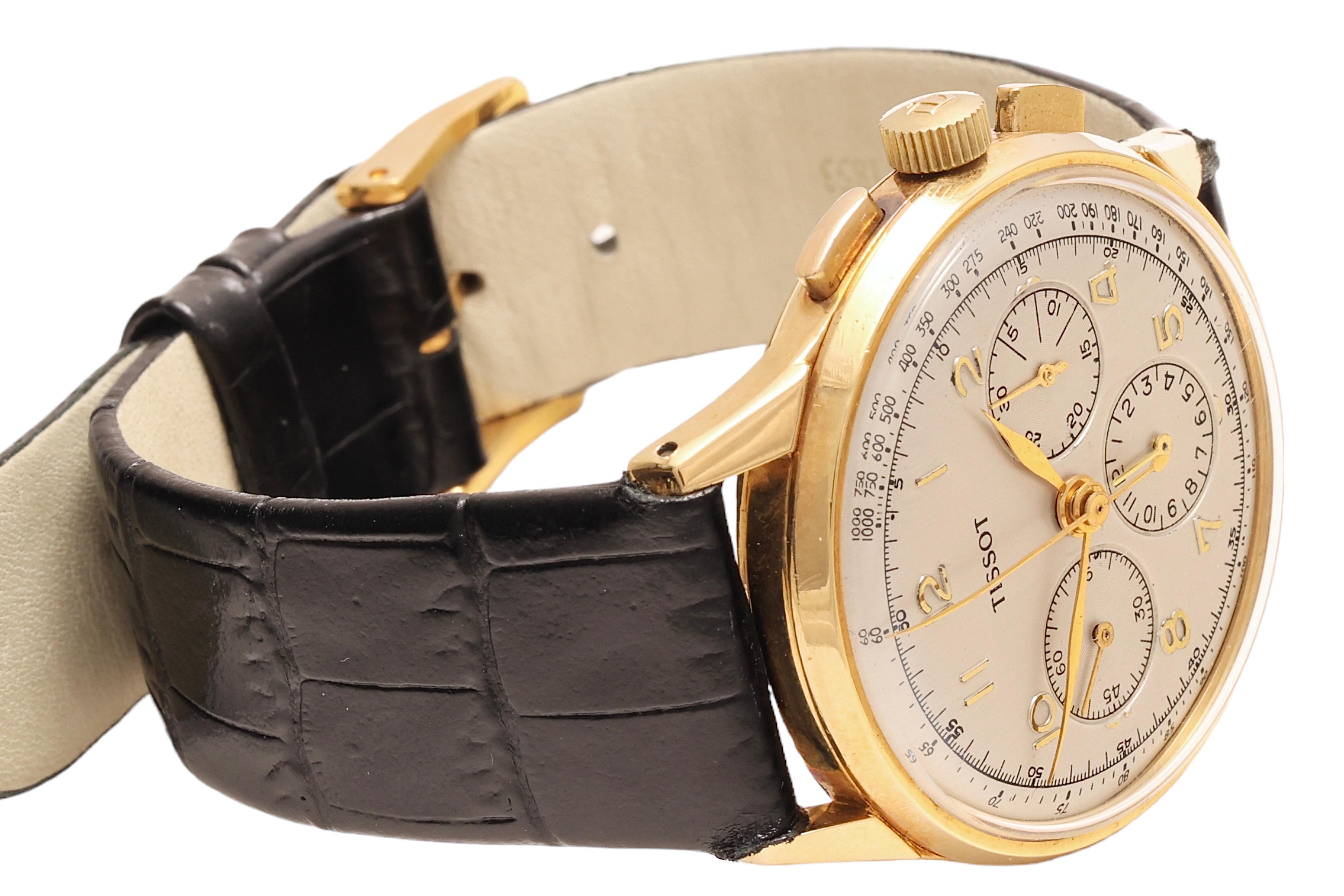 Montre chronographe Tissot vintage à remontage manuel en or 18 carats, Cal. Lémania 27.41 H Excellent état - En vente à Antwerp, BE