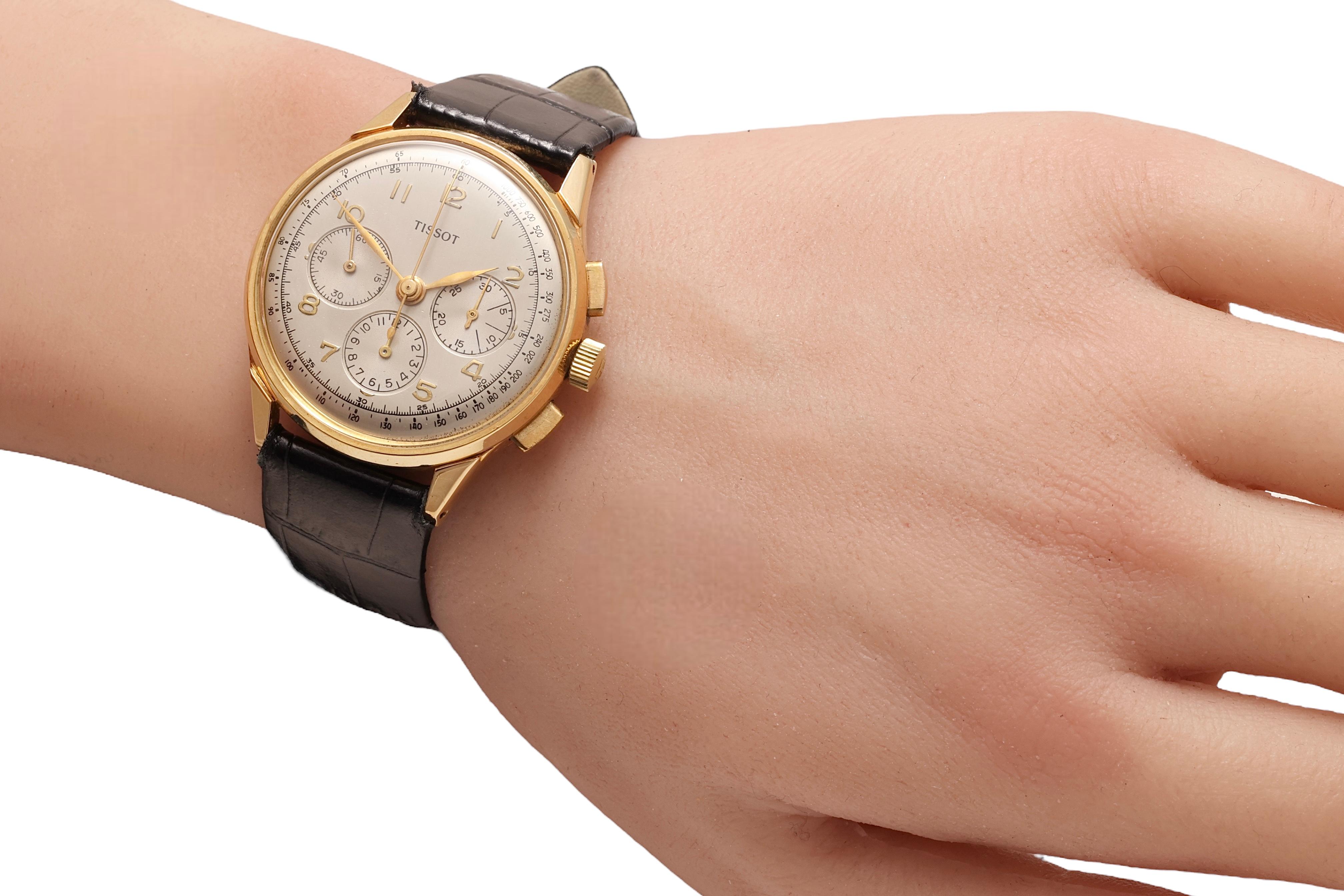 Montre chronographe Tissot vintage à remontage manuel en or 18 carats, Cal. Lémania 27.41 H en vente 1