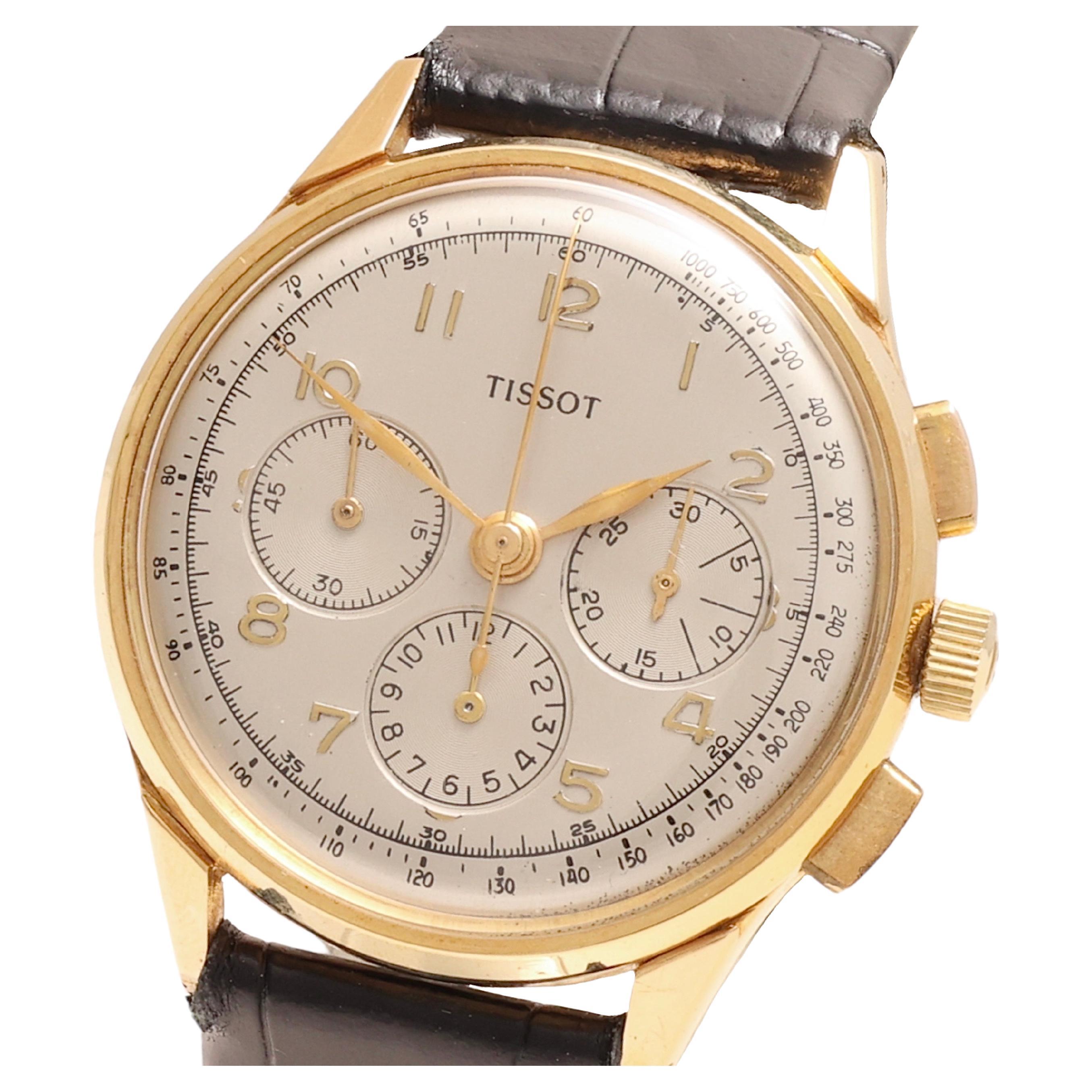 Vintage 18kt Gold Tissot Manual Winding Chronograph Watch Cal. Lemania 27.41 H For Sale at 1stDibs tissot vintage chronograph 18k gold vintage tissot chronograph tissot 18k gold watch vintage