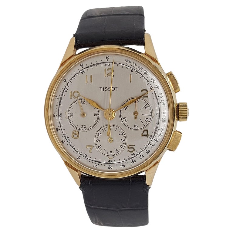 Montre chronographe vintage à remontage manuel Tissot en or 18 carats,  Californie Lemania 27,41 cm (H) En vente sur 1stDibs