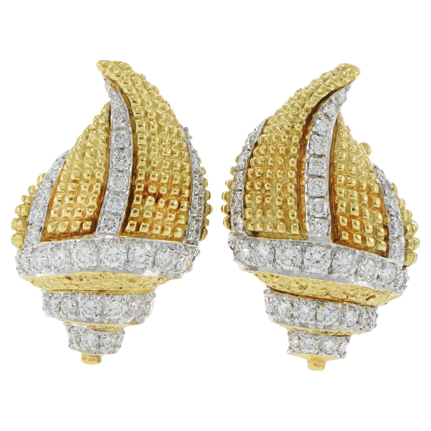Vintage 18KT Two-Tone Gold and Diamond Conch Shell Clip Earrings For Sale