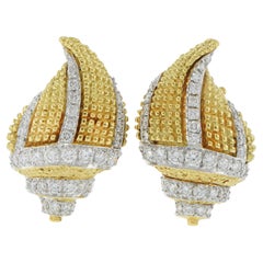 Vintage 18KT Two-Tone Gold and Diamond Conch Shell Clip Earrings
