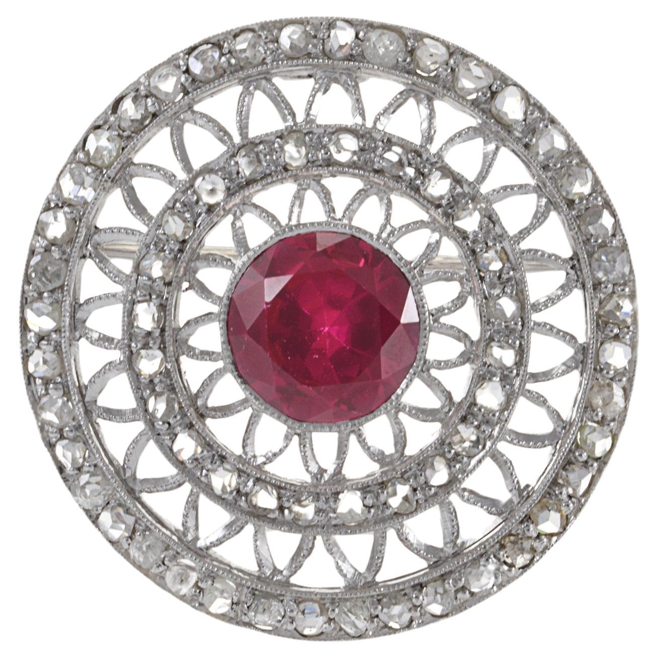 Vintage 18KT White Gold Art Deco Synthetic Ruby And Diamond Brooch