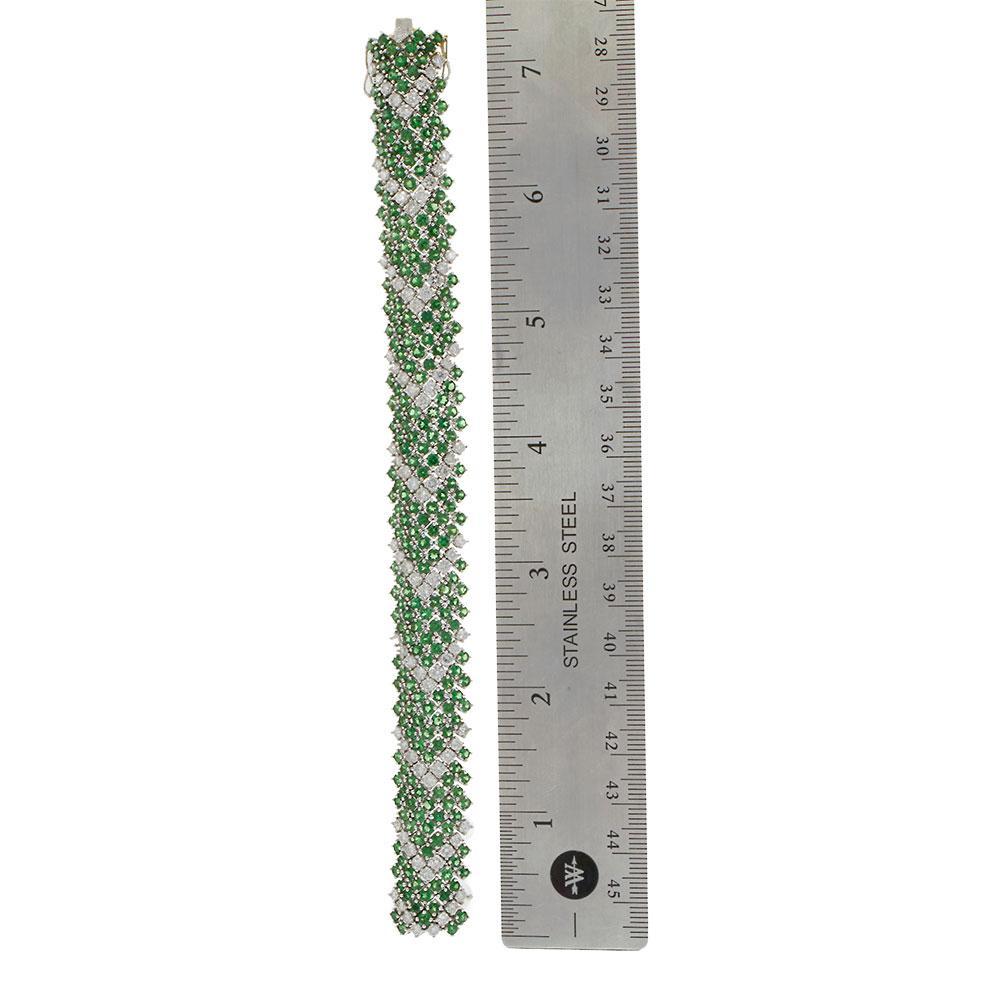 Vintage 18KT White Gold Chevron Mesh Bracelet with Tsavorites and Diamonds For Sale 1