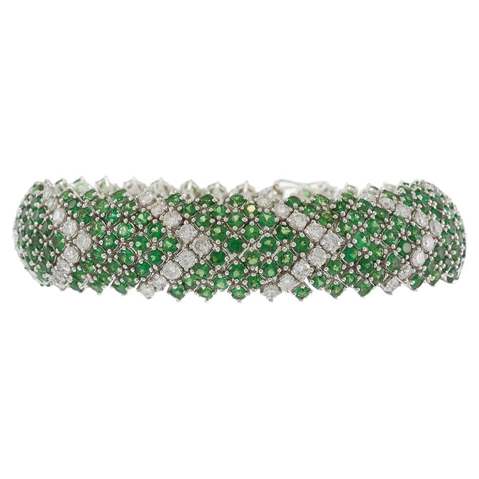 Vintage 18KT White Gold Chevron Mesh Bracelet with Tsavorites and Diamonds For Sale