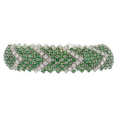 Vintage 18KT White Gold Chevron Mesh Bracelet with Tsavorites and Diamonds