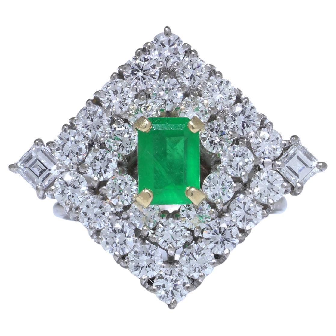 Vintage 18KT White Gold Colombian Emerald
Diamond Cluster Ring, 1970s