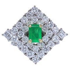 Vintage 18KT White Gold Colombian Emerald 
Diamond Cluster Ring, 1970s