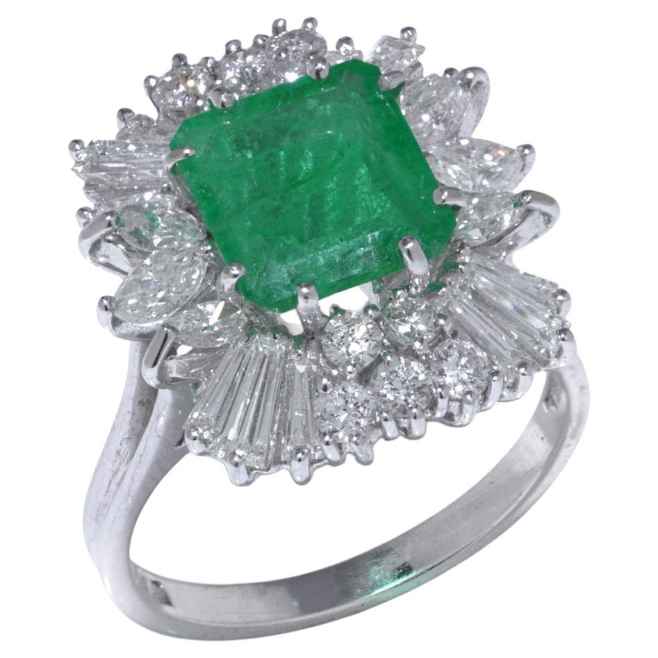 Vintage 18KT White Gold Colombian Emerald
Diamond Cluster Ring