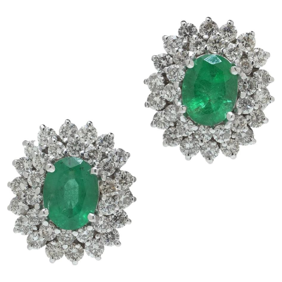 Vintage 18KT White Gold Emerald and Diamond Cluster Earrings For Sale
